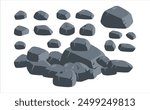 Stone boulder. Granite debris and grey cobble. Pile of rubble rock block. Heap of broken gravel. Big mountain geology material. Natural solid cracked mineral