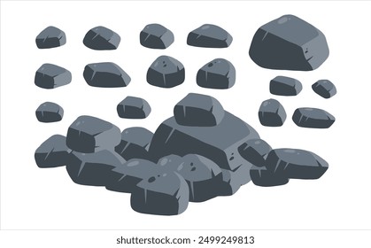 Stone boulder. Granite debris and grey cobble. Pile of rubble rock block. Heap of broken gravel. Big mountain geology material. Natural solid cracked mineral