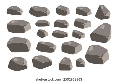 Stone boulder. Granite debris and grey cobble. Heap of broken gravel. Natural solid cracked mineral. Big mountain geology material. Pile of rubble rock block