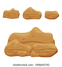 Stone boulders set isolated on white background, detailed drawing in cartoon style with cracked elements for design and ui games. Collection massive constructions. 