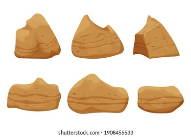 Stone boulders set isolated on white background, detailed drawing in cartoon style with cracked elements for design and ui games. Collection massive constructions. 