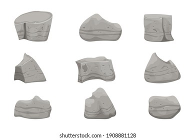 Stone boulders set isolated on white background, detailed drawing in cartoon style with cracked elements for design and ui games. Collection massive constructions. 