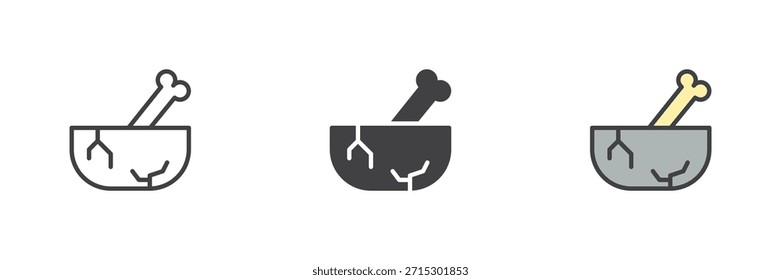 Stone bowl with bone icon set showing line, solid and filled outline colorful styles. Primitive cookware vector sign and symbol icon, color illustration of prehistoric life.
