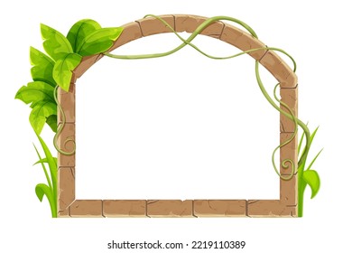 Stone brick arch frame border jungle decorated with liana, tropical leaves and grass ancient medieval in cartoon style, isolated on white background. Game decoration, menu