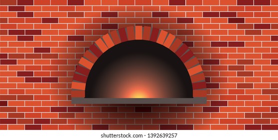 Stone brick pizzeria pizza oven. Firewood hot fired oven. Fire bakery, baker bread food.  Vector pizza cooker maker. Wood, wooden or stone kitchen for baked dough. Firebrick, fireplace BBQ or grill.