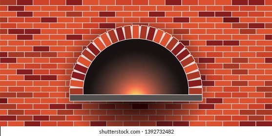 Stone brick pizzeria pizza oven. Firewood hot fired oven. Fire bakery, baker bread food.  Vector pizza cooker maker. Wood, wooden or stone kitchen for baked dough. Firebrick, fireplace BBQ or grill.