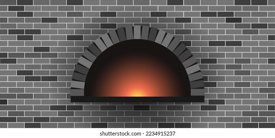 Stone brick pizzeria pizza oven. Firewood hot fired oven. Fire bakery, baker bread food.  Vector pizza cooker maker. Wood, wooden or stone kitchen for baked dough. Firebrick, fireplace BBQ or grill.