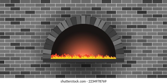 Pizza pizzería de piedra en horno de pizza. horno de leña caliente. Panadería de fuego, pan de panadería.  Fabricante de pizzas vectoriales. Cocina de madera, madera o piedra para la masa horneada. Chimenea, chimenea, barbacoa o parrilla.