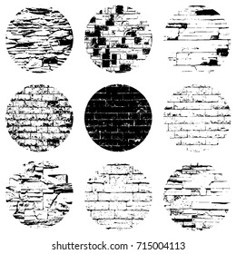 Stone Brick wall circular overlay textures set. Distress masonry stamp backgrounds. Empty articstic icon, logo, label template. EPS10 vector.