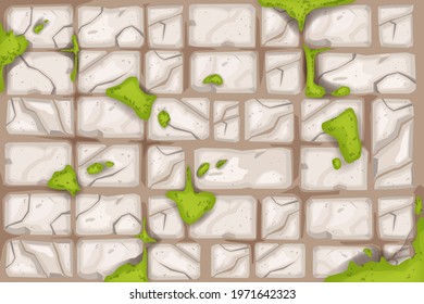 Stone brick wall, vector old rock texture background, green moss, cracked broken tiles floor illustration. Nature outdoor material surface, ancient ground road design element. Stone wall, brown clay
