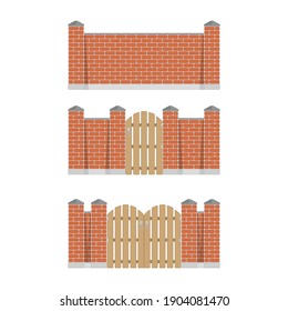 Stone bricks fence set with door and gate isolated white background. Castle tower wall stone fence in black color. Castle wall railing vector illustration. Vector EPS 10.