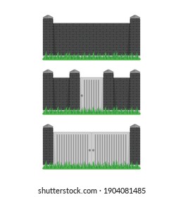 Stone bricks fence set with grass, door and gate isolated white background. Castle tower wall stone fence in black color. Castle wall railing vector illustration. Vector EPS 10.
