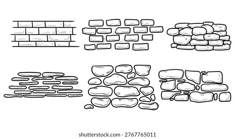 Stone and brickwork walls, hand-drawn sketch. vector illustration. A part of the facade made of pebbles and boulders, a set of simple drawings, isolated on a white background