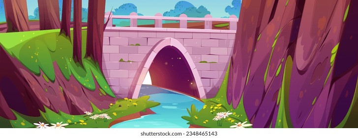 Stone bridge across river in forest. Vector cartoon illustration of arch tunnel above blue water flowing between rocky mountains, tall trees, green grass, colorful flowers, solid brick construction