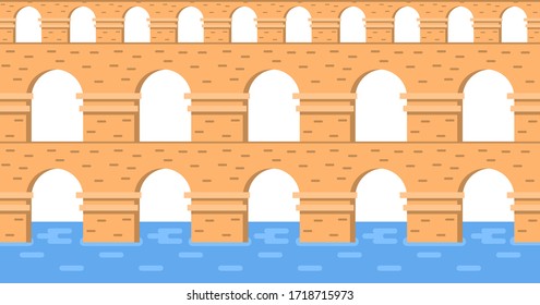 Stone bridge aqueduct vector. City architecture element and ancient bridge-construction across the river  with carriageway isolated on white background. svg