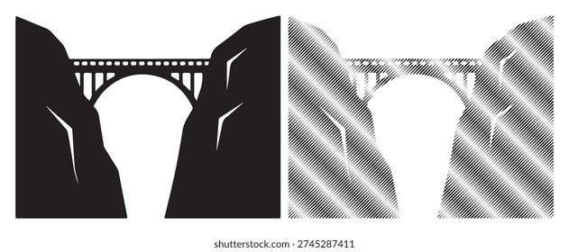 Stone bridge crossing a gorge, illustration with solid fill and hatching texture.