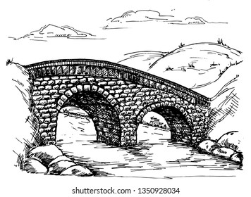 Stone bridge landscape sketch. Bridge over river landscape.