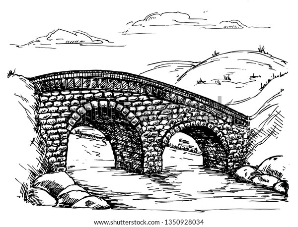 Stone Bridge Landscape Sketch Bridge Over Stock Vector Royalty Free