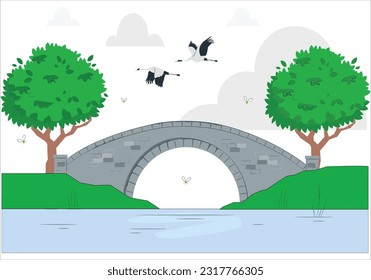 stone bridge over the river. Stone Bridges Collection, Urban Architecture Design Element Vector Illustration.