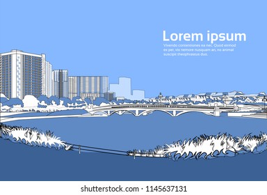 stone bridge over river cityscape blue background city buildings landscape view horizontal copy space vector illustration