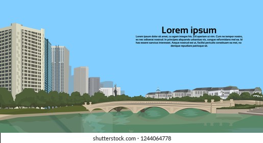stone bridge over river cityscape background city buildings landscape view horizontal copy space