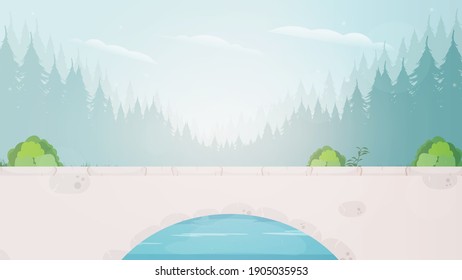 Stone bridge over the river in the forest. Vector illustration.