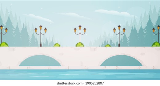 Stone bridge over the river in the forest. Cartoon style. Vector illustration