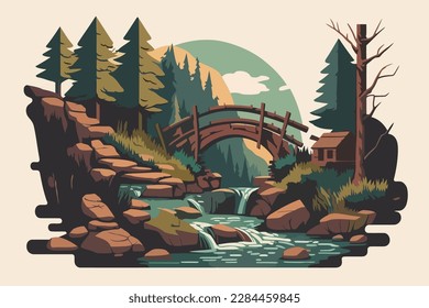 Stone bridge over river in the forest. Vector illustration in flat style. A river with a small waterfall and a log bridge