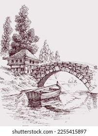 Stone bridge over river to house cabin vector illustration