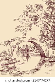 Stone bridge over river landscape   water mill hand drawing