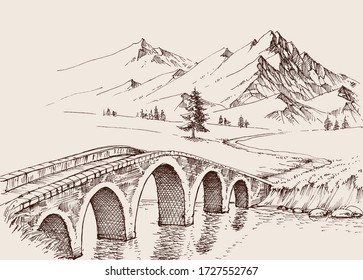 Stone bridge over river in the mountains  Alpine hand drawn landscape