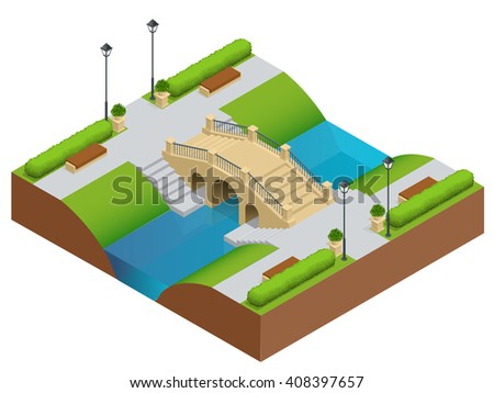 Stone bridge over river. Romantic bridge stone in park. Flat vector landscape with a picture of the nature. Place for rest and walks. Flat 3d vector isometric illustration. 