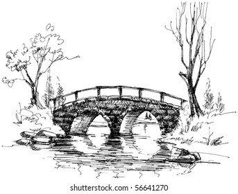 Stone bridge over river sketch