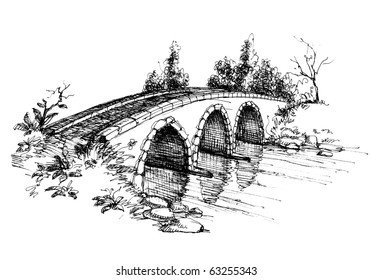 Stone bridge over river sketch 2