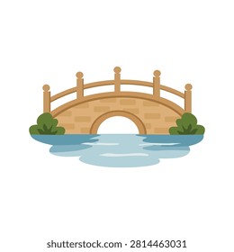 Stone Bridge Over Water Illustration. Stone Arch Bridge Crossing Blue River. Classic Stone Arch Bridge Across River.