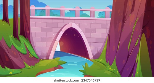 Stone bridge and rock mountain with river cartoon background. Green grass on hill park near stream water and masonry arch wall panorama outdoor environment illustration. Moss on ground scene