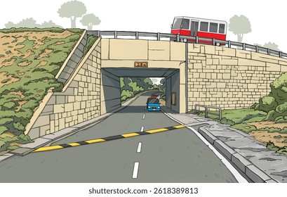 A stone bridge spans a road, topped with a mini bus. Below, a car passes near greenery, a speed bump, and hilly terrain, blending nature and infrastructure beautifully.