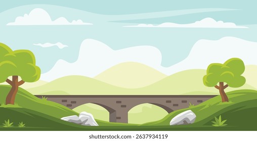  A stone bridge spans a valley with rolling green hills and trees.