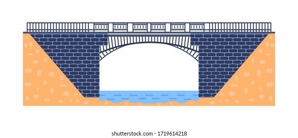 Stone bridge vector. City architecture element and bridge-construction across the river with carriageway isolated and lanterns on colourful landscape background.