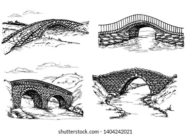 Stone bridges set. A collection of bridges over rivers design elements