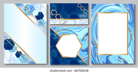 Stone brochure, banner layout set, marble business card or background in trendy minimalistic geometric style, hexagon, blue color, granite, glitter, frame, vector fashion wallpaper, poster, cover