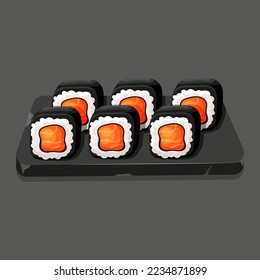 Stone broken plate with sushi rolls with nori, salmon. Asian food cartoon