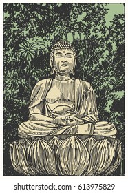 Stone Buddha statue in the garden. Black and white dashed style sketch, line art, drawing with pen and ink. 