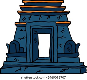 A stone building with a doorway and a window. The building is old and has a rough texture