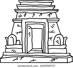 A stone building with a doorway and a window. The building is old and has a rough texture