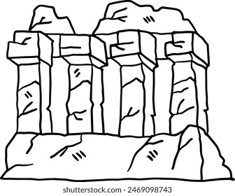 A stone building with a doorway and a window. The building is old and has a rough texture