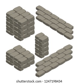 Stone building material. Building blocks. Paving stones for the road in isometry. The rocks in the stacks. Set of different objects.