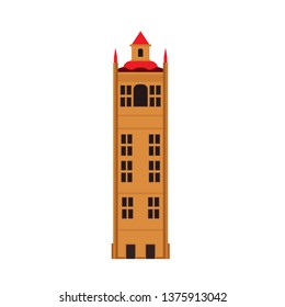 Stone building tower vector icon architecture city. Urban town cartoon cityscape flat exterior high castle fortress