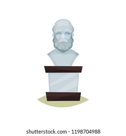 Stone bust of old bearded man. Exhibit of historical museum. Statue of famous person. Flat vector design