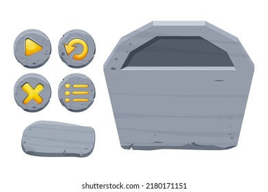 Stone buttons collection, set of rock assets in cartoon style isolated on white background. Mineral detailed objects ui game interface, app pannel.